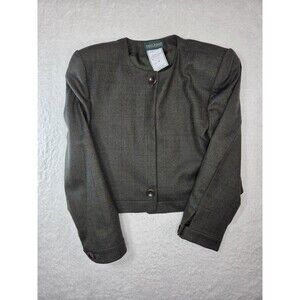 Vintage Harvé Benard 100% Wool Cropped Blazer Jacket Brown Plaid Tweed Size 10